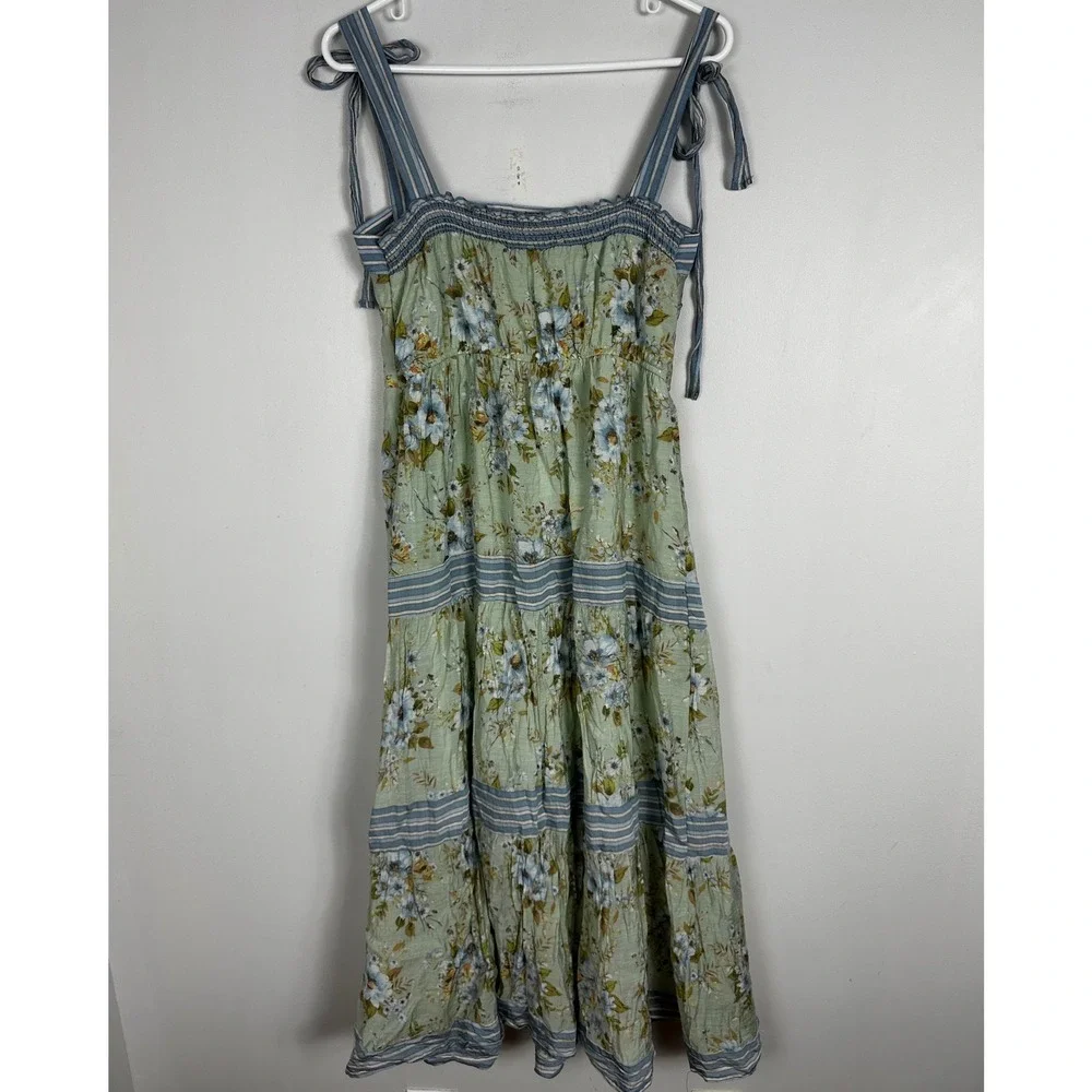 SOLD Floral Cottagecore Prairie Tiered Maxi Dress Size Large Tie Shoulders Boho - Picture 7 of 14